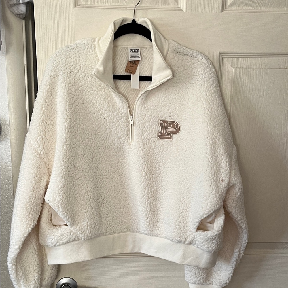 PINK Victoria's Secret Cream Sherpa Quarter-Zip Sweater